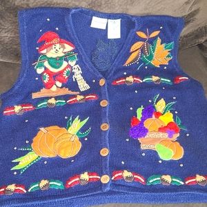 Vintage Thanksgiving fall Embroidered Beaded Sweater vest  EUC.